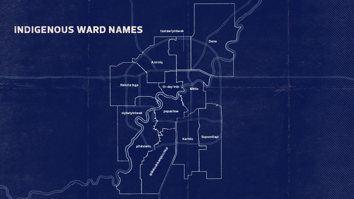 A map of Edmonton's wards showing the new boundaries and Indigenous names.