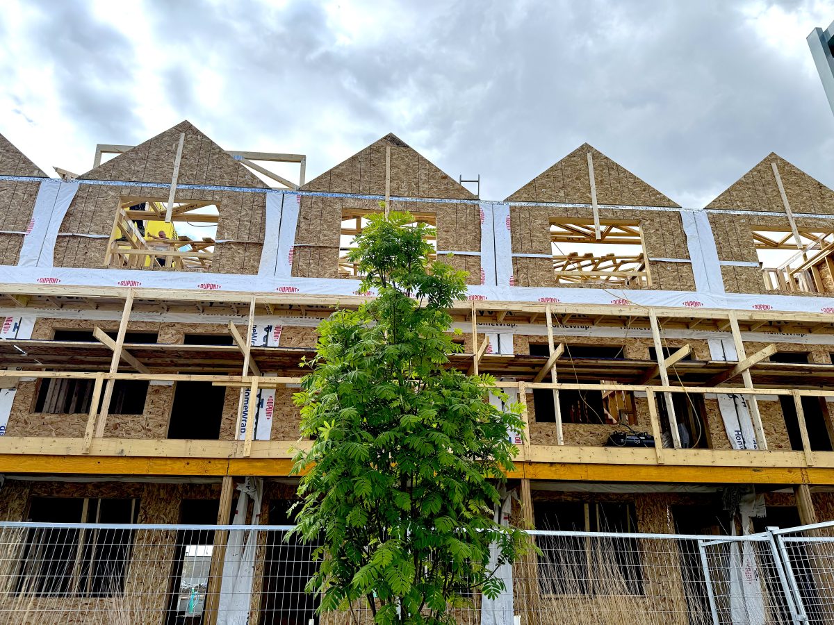 The front of four units of row housing under construction