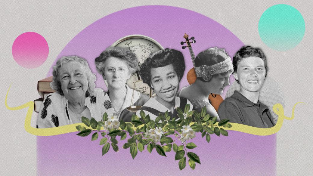 A collage of 5 black and white women's images overlaid on a playful coloured background.   