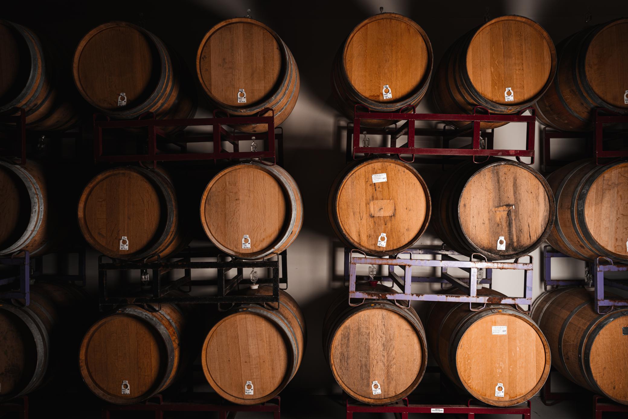Some of the wine barrels used to make Trial & Ale’s sour and wild artisanal ales. Photo courtesy Ian Breitzke and Trial & Ale