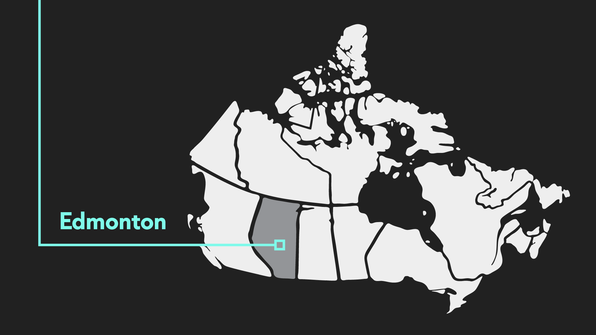 Edmonton in pinpointed on a simple map of Canada. 
