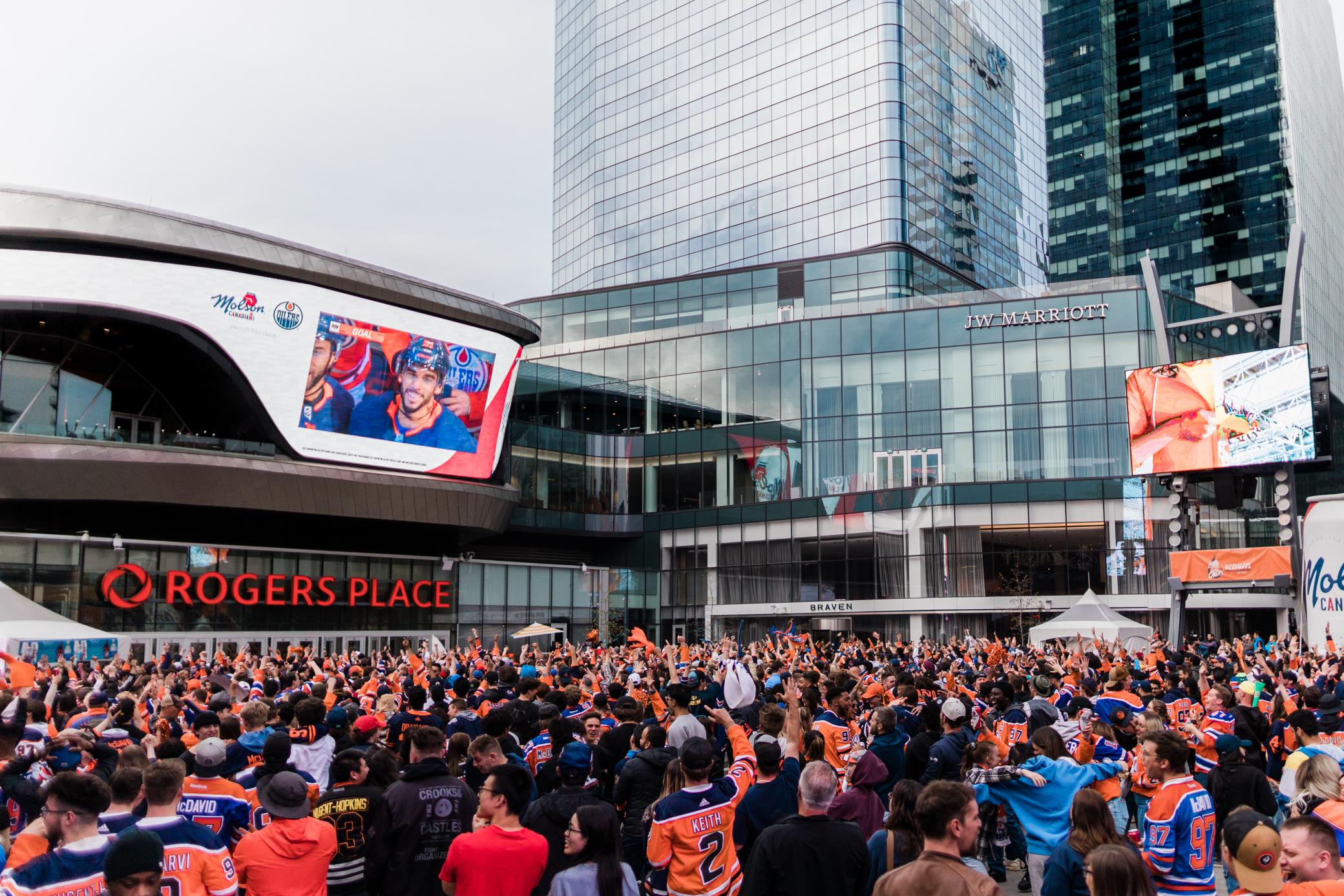 A massive crowd gathered watching the Oilers playoffs in Ice District Plaza.