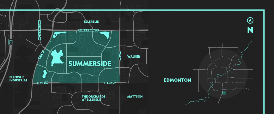A closeup map of Summerside, next to the Summerside neighbourhood highlighted in a wide Edmonton map.   