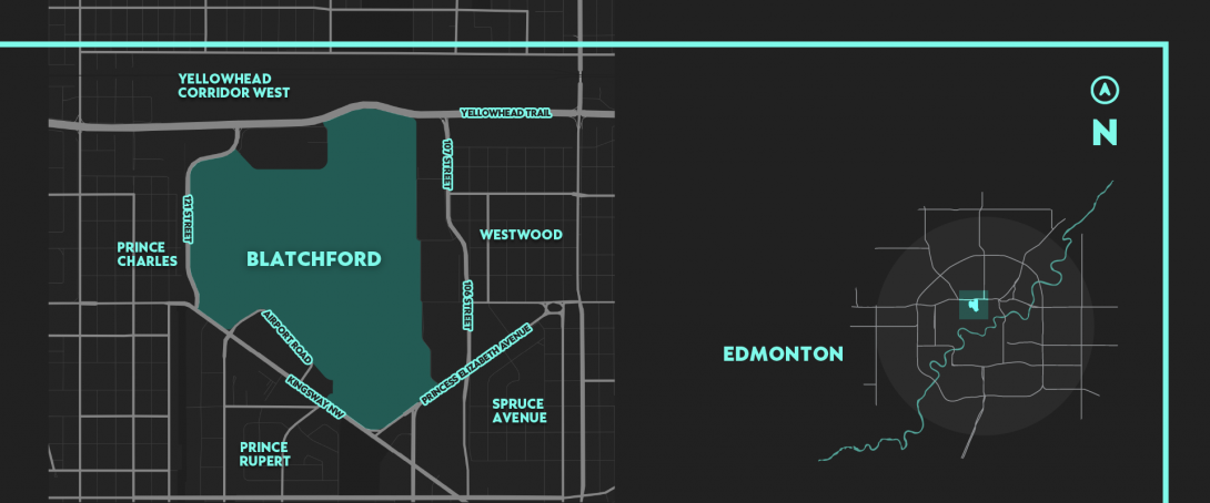 A black and teal map outline of Blatchford, with surrounding main streets and neighbourhoods. 