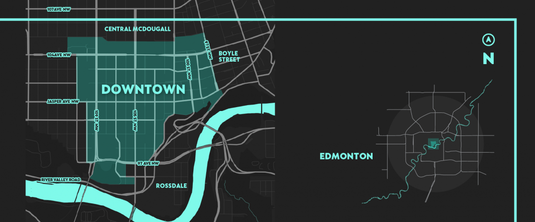 A stylized black and teal map showing downtown's borders and adjacent neighbourhoods, next to a broader map of Downtown in greater Edmonton. 