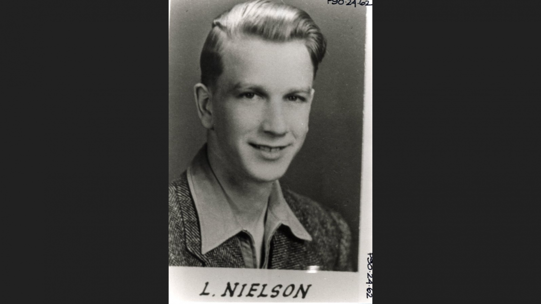 Leslie Neilson's high school yearbook black and white photo. 