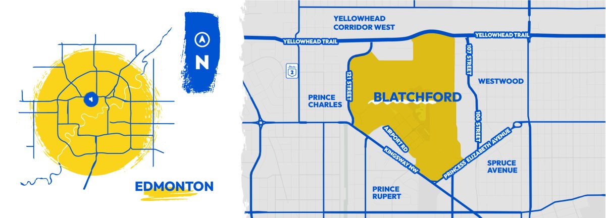 A close up map of the boundaries of Blatchford between Kingsway Ave, Yellowhead Trail, 107 St and 121 St, as well as the broader context within Edmonton. 