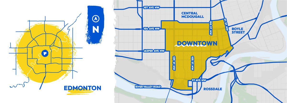 An stylized map of Downtown Edmonton with major roadways and surrounding neighbourhoods identified. 