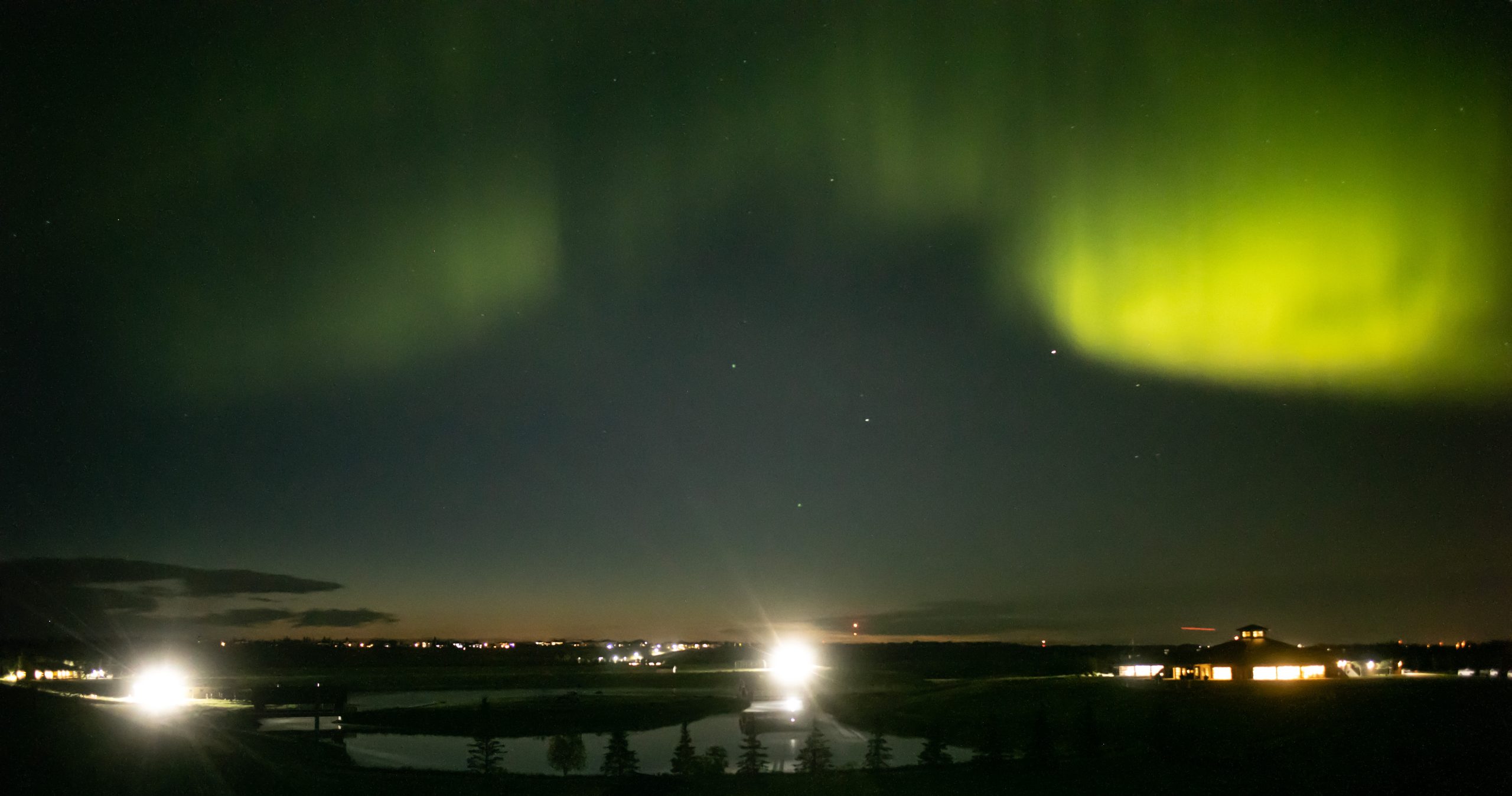 Green northern lights illuminate the night sky over a park.