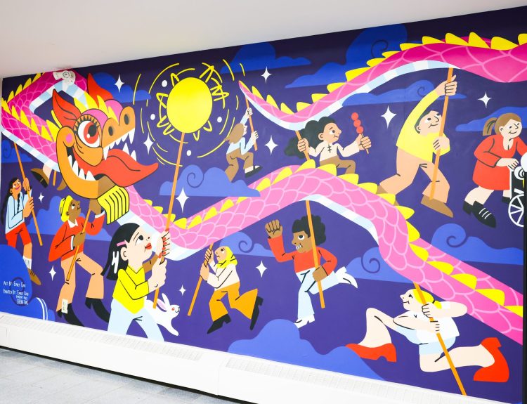 Emily Chu's bright and colourful mural featuring the illustration of a dragon dance