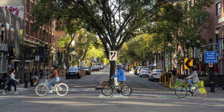 Two people stand with their bikes on the sidewalk in front of a store on a tree lined street.