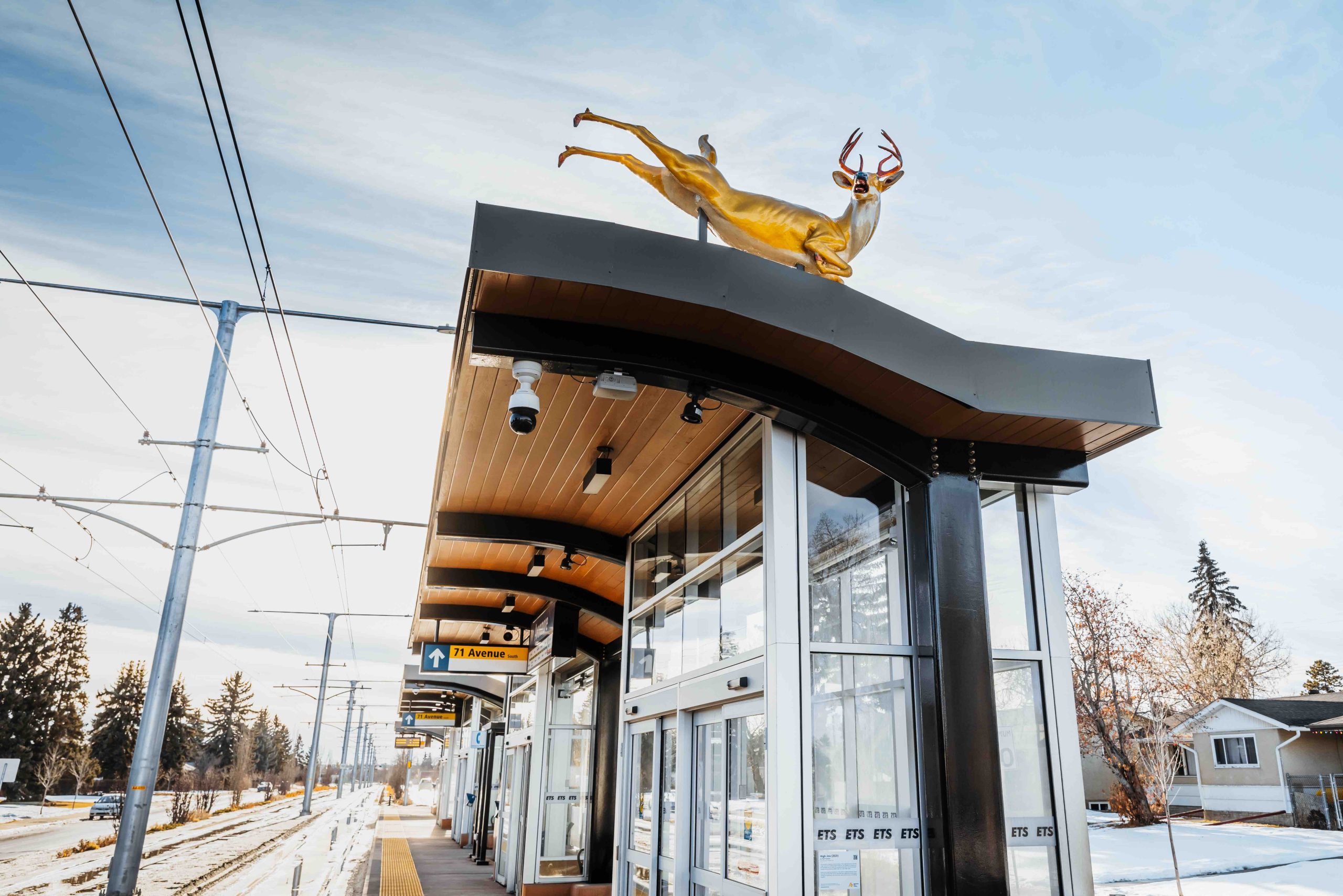 A copper-coloured sculpture of a jumping deer sits on the roof of an outdoor LRT shelter.