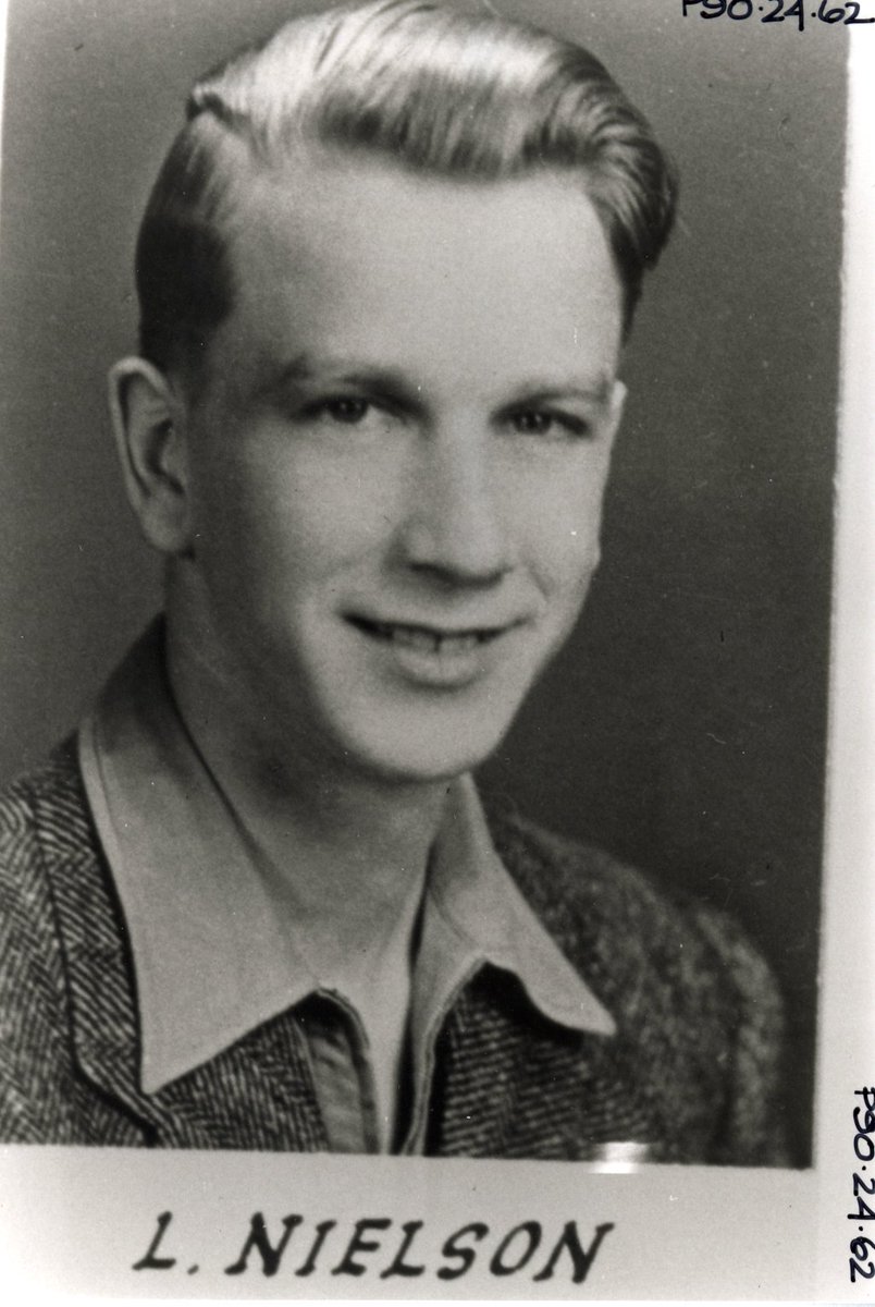 Black and white school photo of actor Leslie Nielsen.