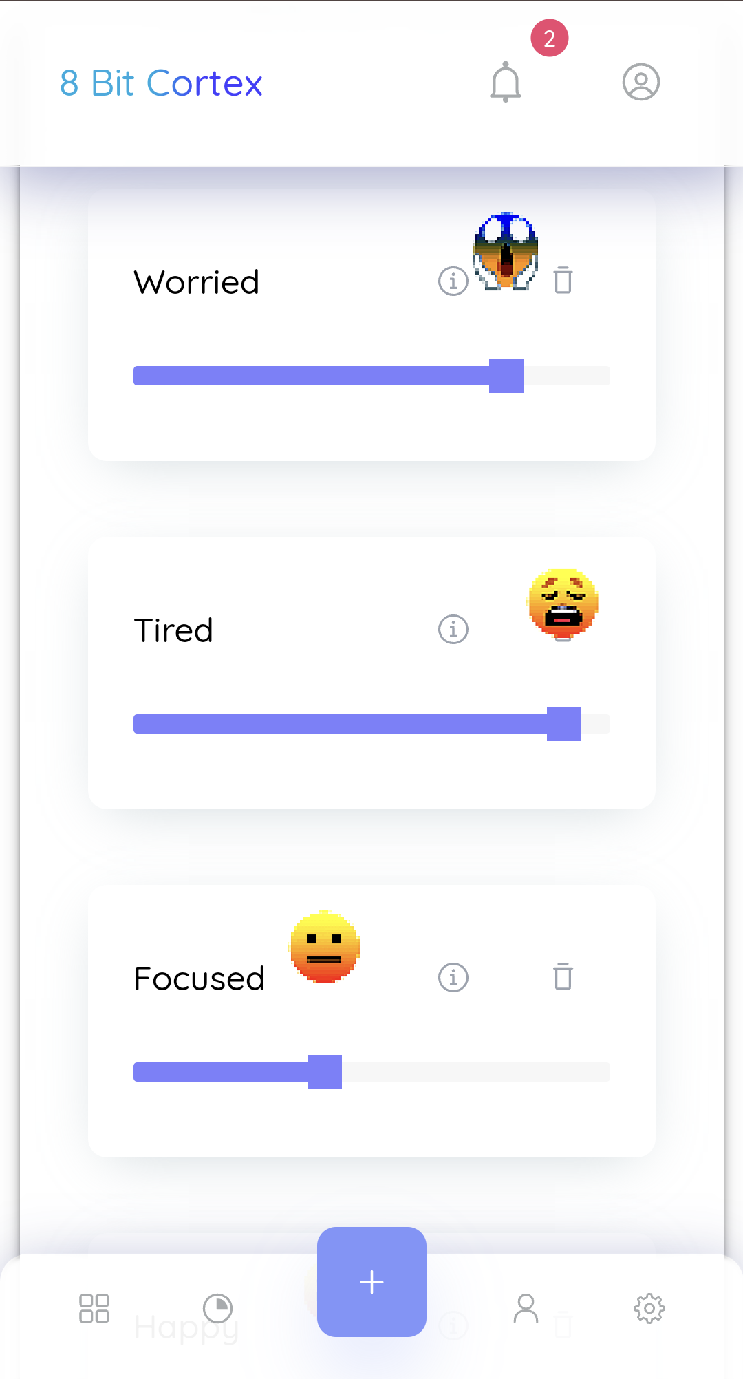 Screenshot of a wellness app of the sliding scale of how the user is feeling with Worried, Tired and Focused listed with corresponding emojis beside each word.