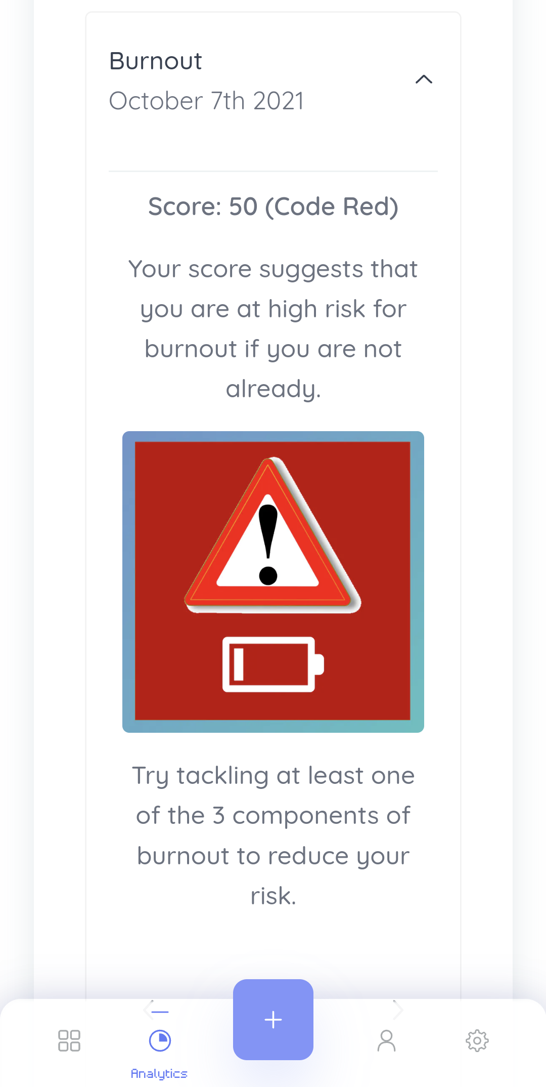 Screenshot of a wellness app indicating that the user is close to burn out.