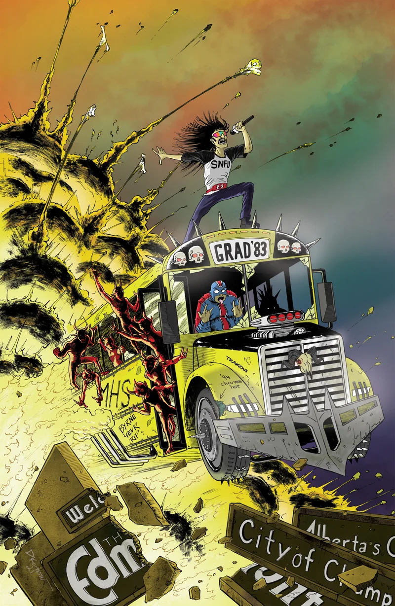 A cover of the first issue of the comic book, Trakovi: The Slav With No Remorse, which features a drawing of a man singing on top of an exploding school bus.