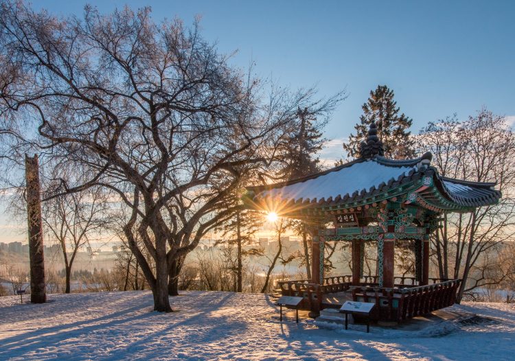 The Korean Pavilion, on Government House grounds, during a winter sunset