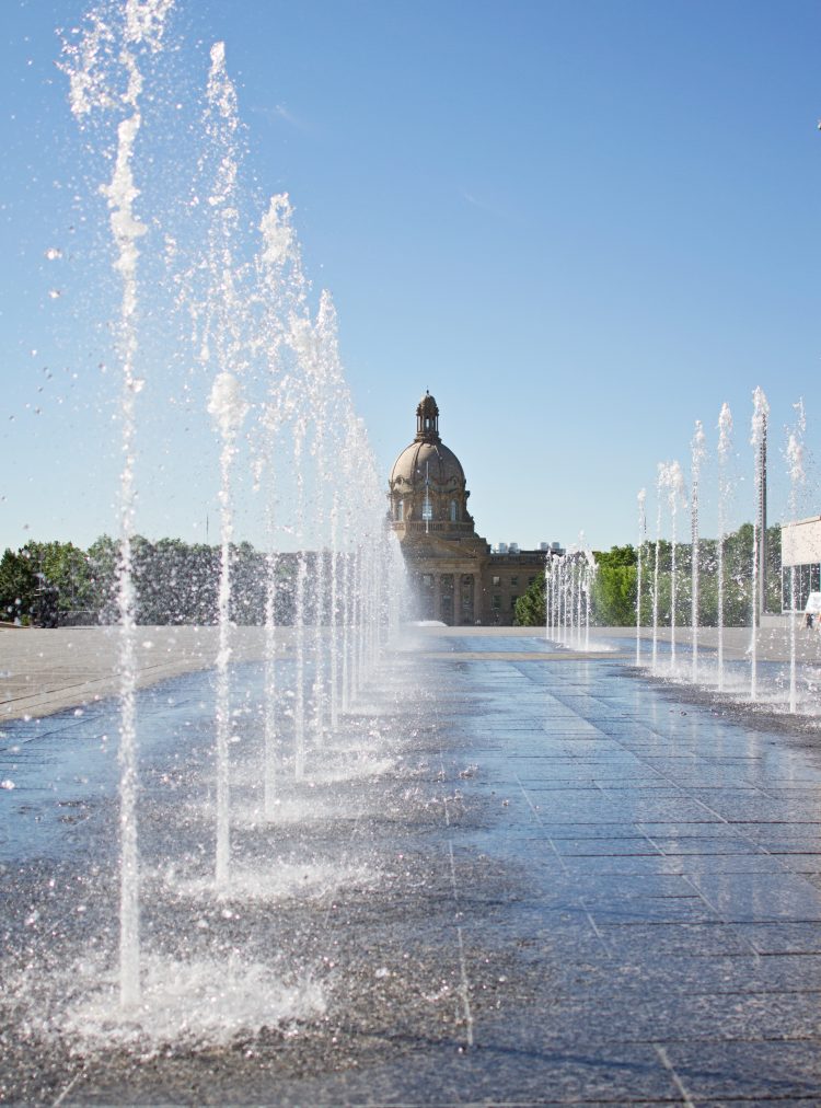 Alberta Legislature fountains with the building in the background