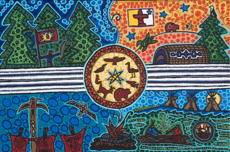 Colourful artwork depicting various elements of Indigenous culture, including trees, a campfire, a longhouse and traditional symbols. The composition is divided into sections with different color themes, featuring detailed patterns and designs. Artist Leah Dorion.