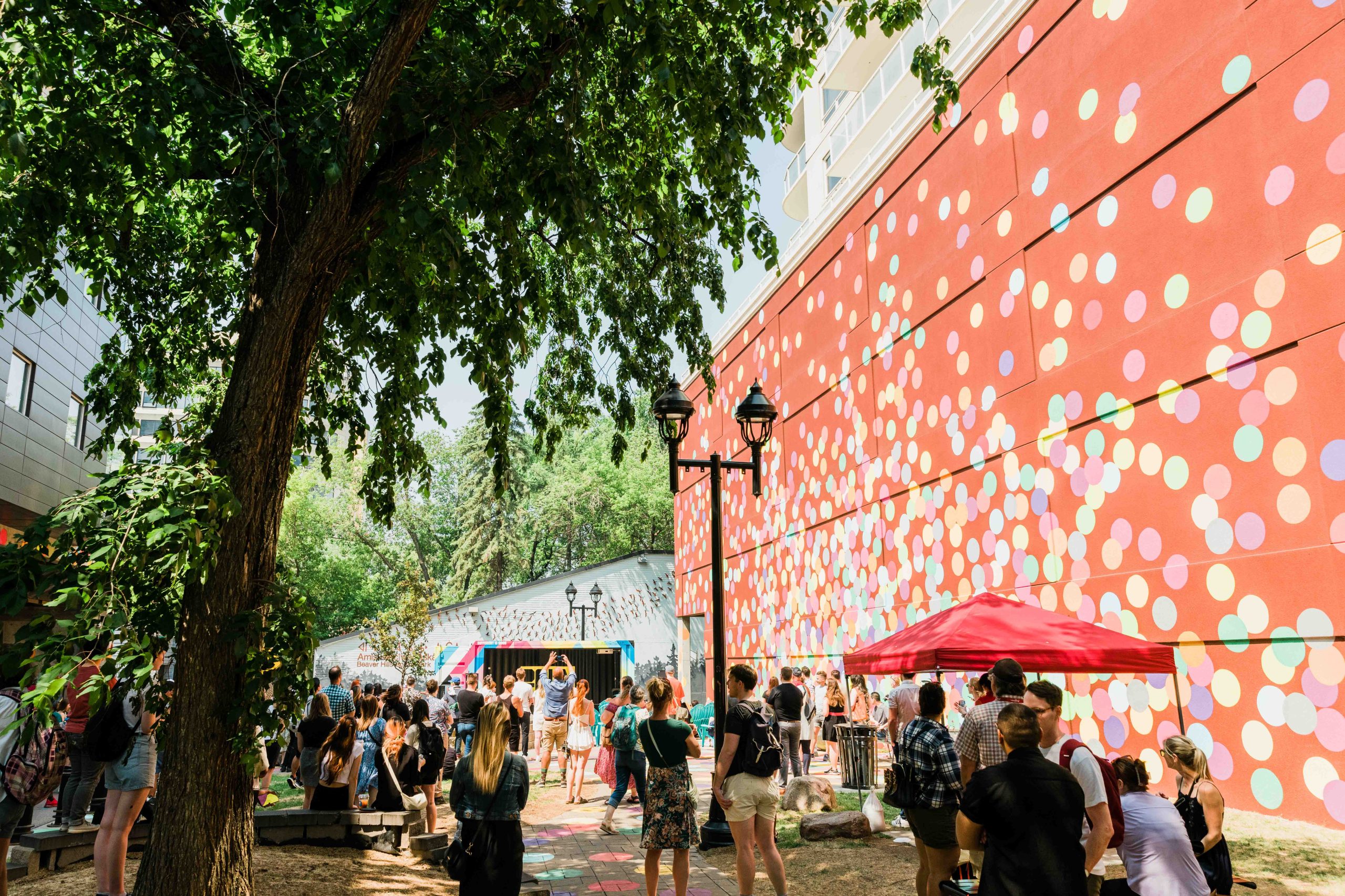 People, with their backs turned to the camera, stand in a park bordered by a wall painted with polka dots.