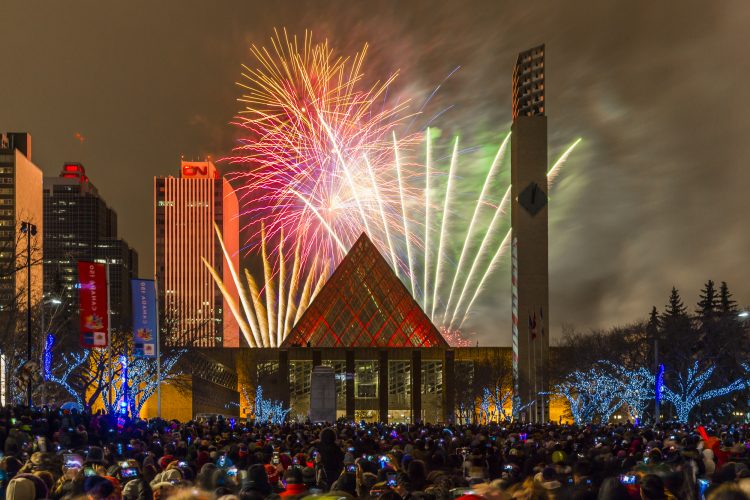 People watching the New Years Eve fireworks over City Hall