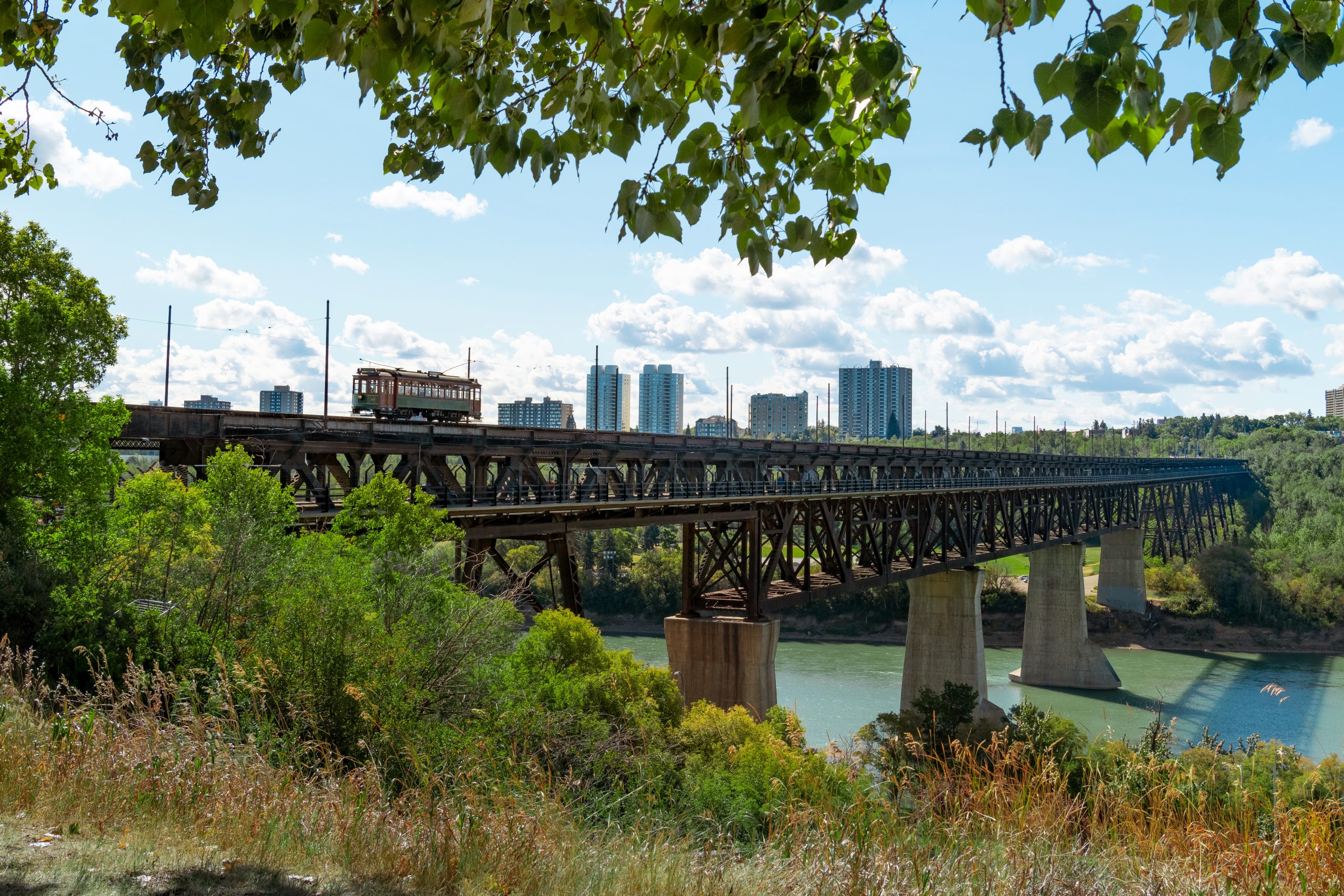 A streetcar on top of The High Level Bridge