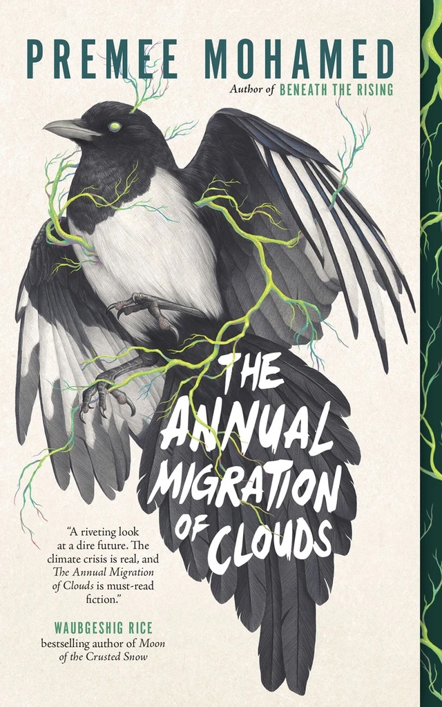 The cover of Premee Mohamed's book features her name at the top and an illustration of a bird with tendrils wrapped through its wings and tail.