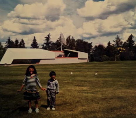 A young girl sticks out her tongue as her smaller brother stands next to her in the middle of a grassy field on a cloudy day.