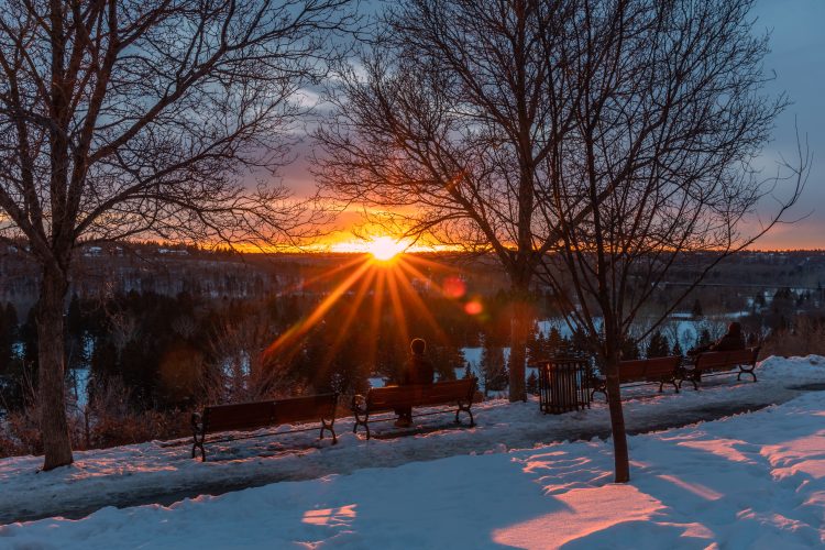 A winter sunset at the Victoria Promenade overlooking the river valley