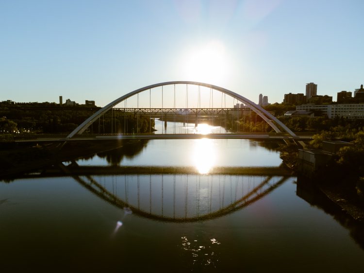 Walterdale Bridge spans the North Saskatchewan River at sunset