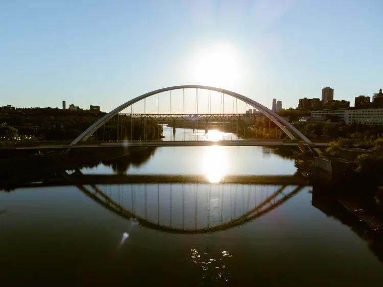 Walterdale Bridge spans the North Saskatchewan River at sunset