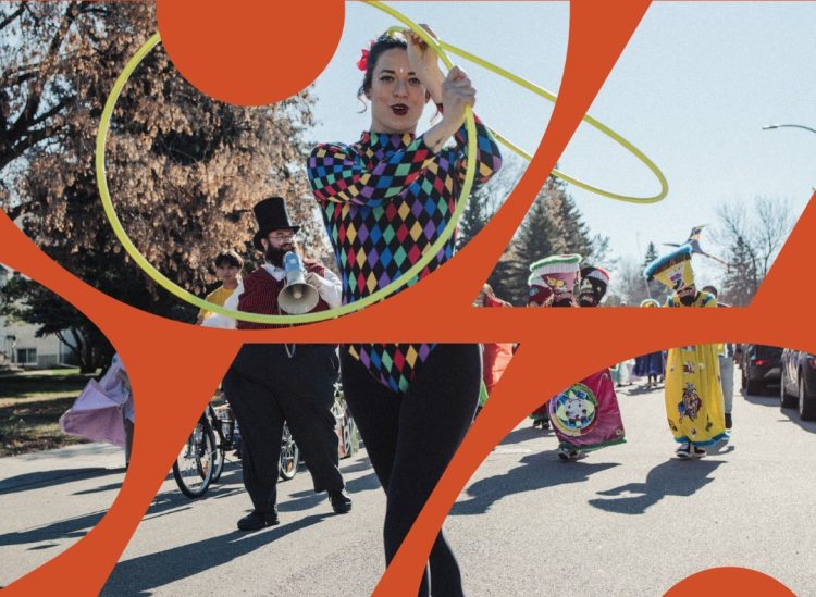 Edmonton Arts Counil ad with a hoop performer with stylized graphics