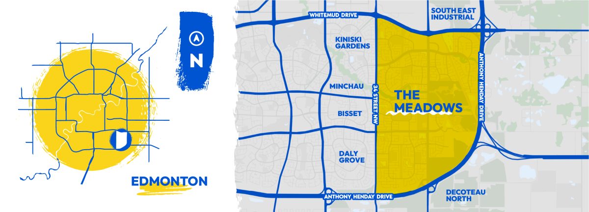 A map of the Meadows relative to the broader city, as well as a close up of the surrounding neighbouhoods. 