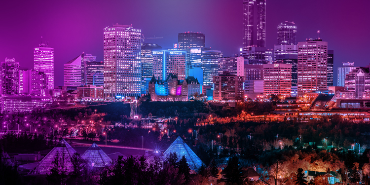 Edmonton skyline with a purple overlay