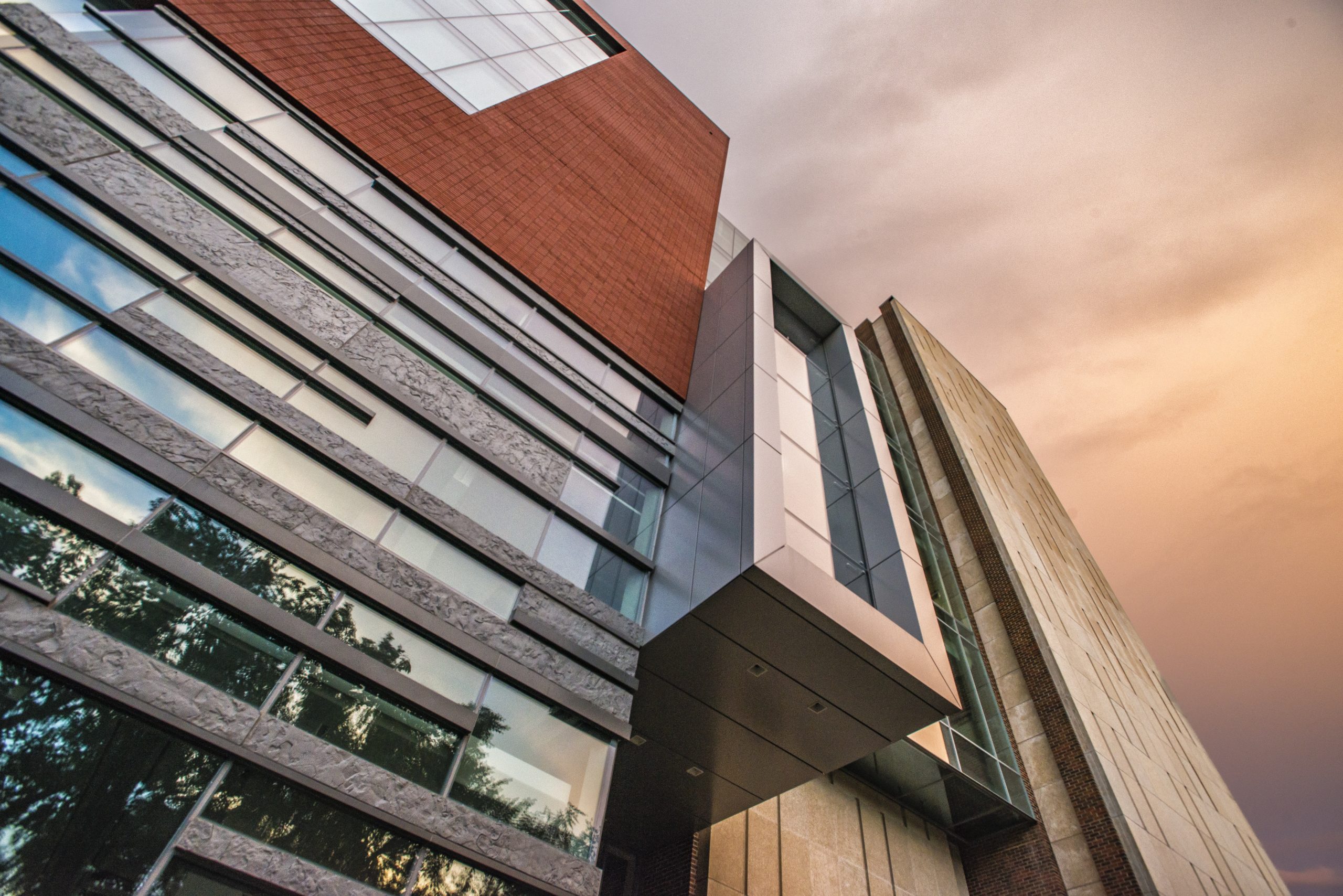 Two campus tower shot from a low angle looking up