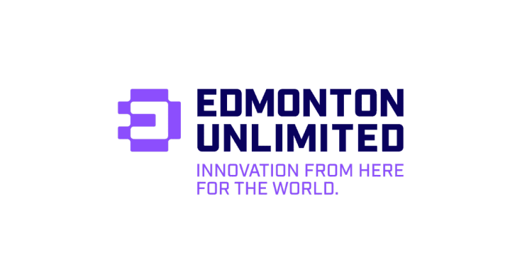 Logo of Edmonton Unlimited with the text "EDMONTON UNLIMITED" in uppercase letters and "INNOVATION FROM HERE FOR THE WORLD" beneath it. The logo includes a purple geometric design on the left.