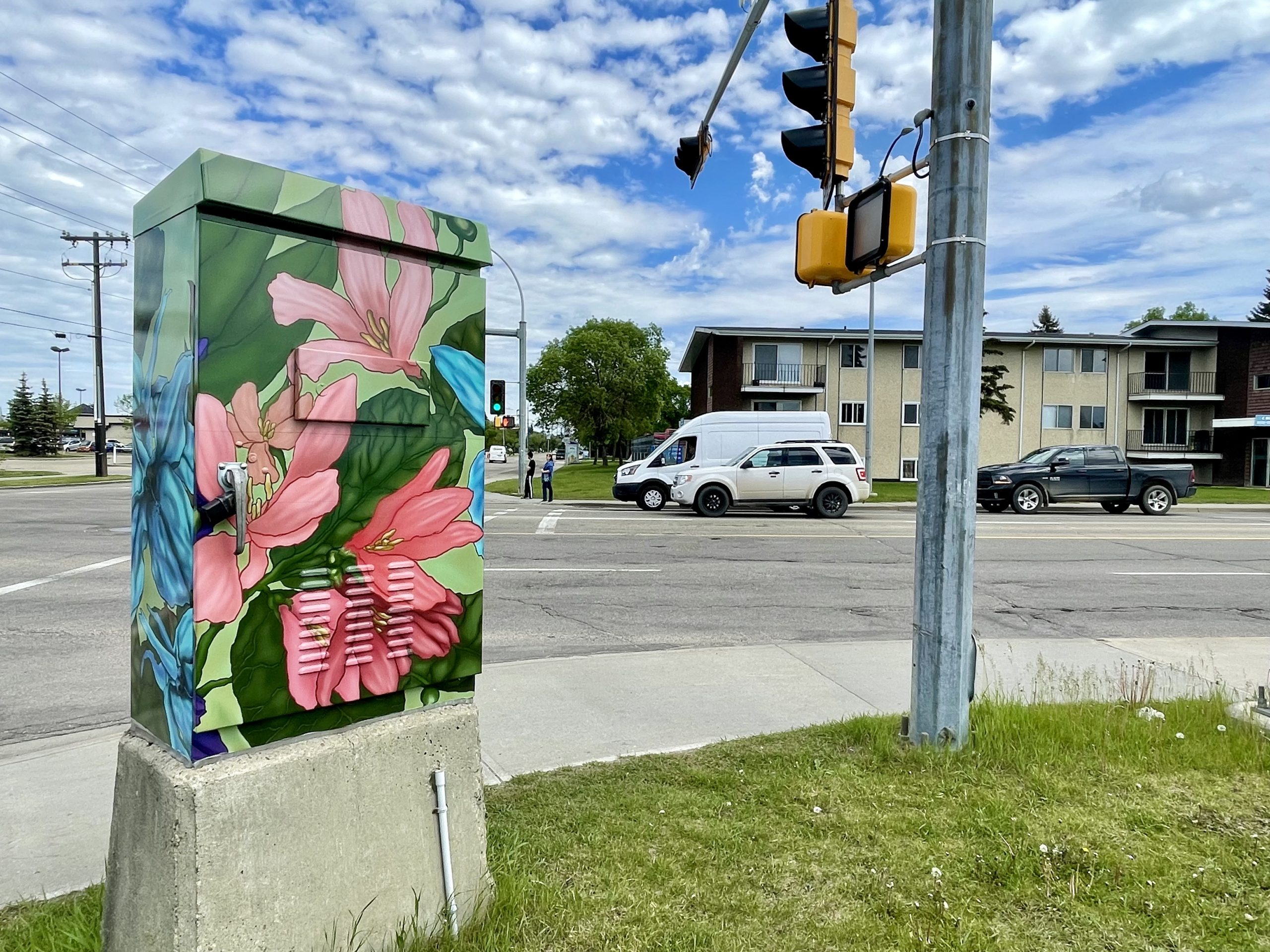 A control box wrapped with a design of pink flowers stands on the corner of a traffic intersection as vehicles wait for the light to turn green.