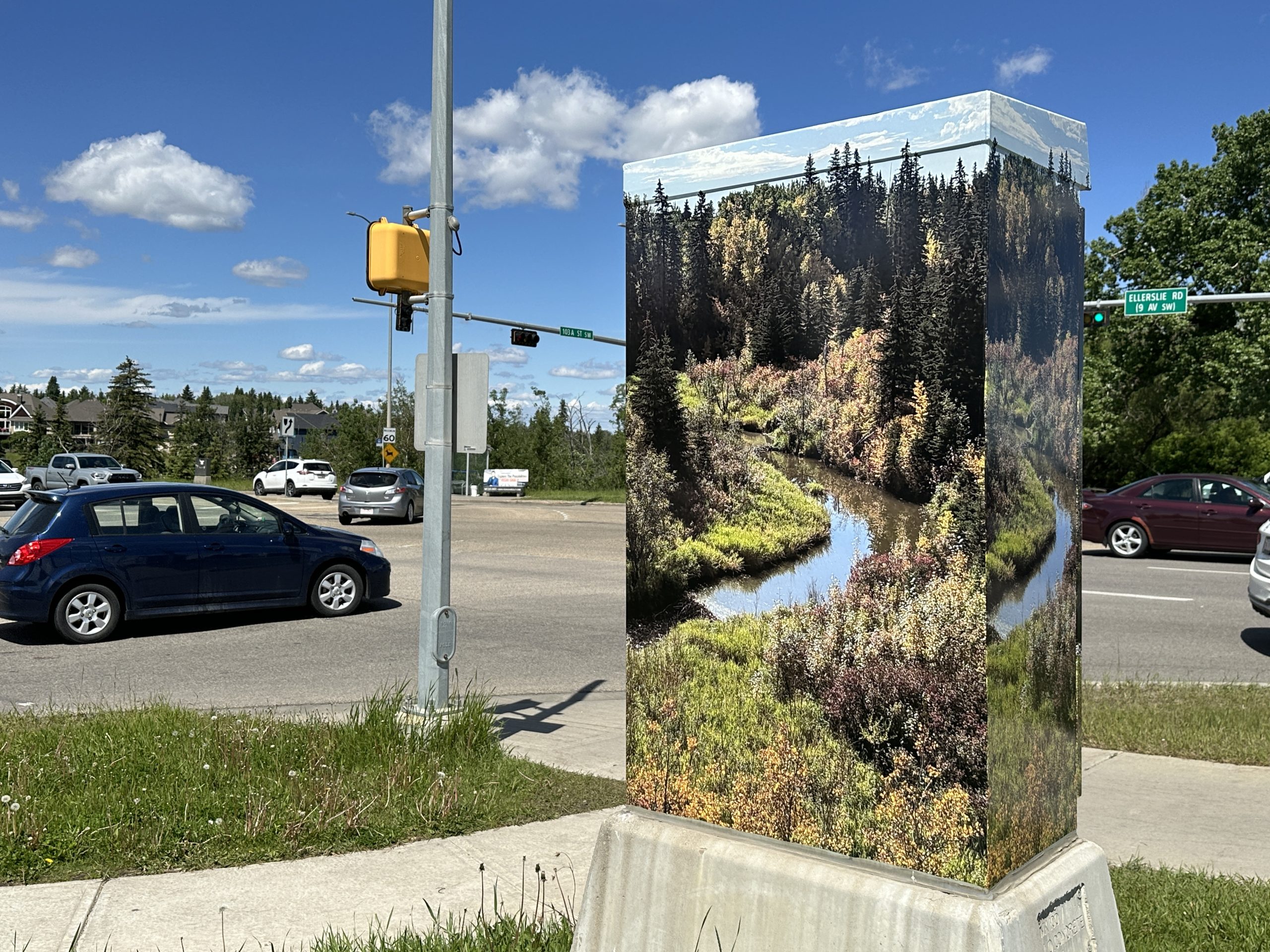 A traffic control box, wrapped with an image of a creek and ravine, stands at the corner of an intersection as cars drive by.