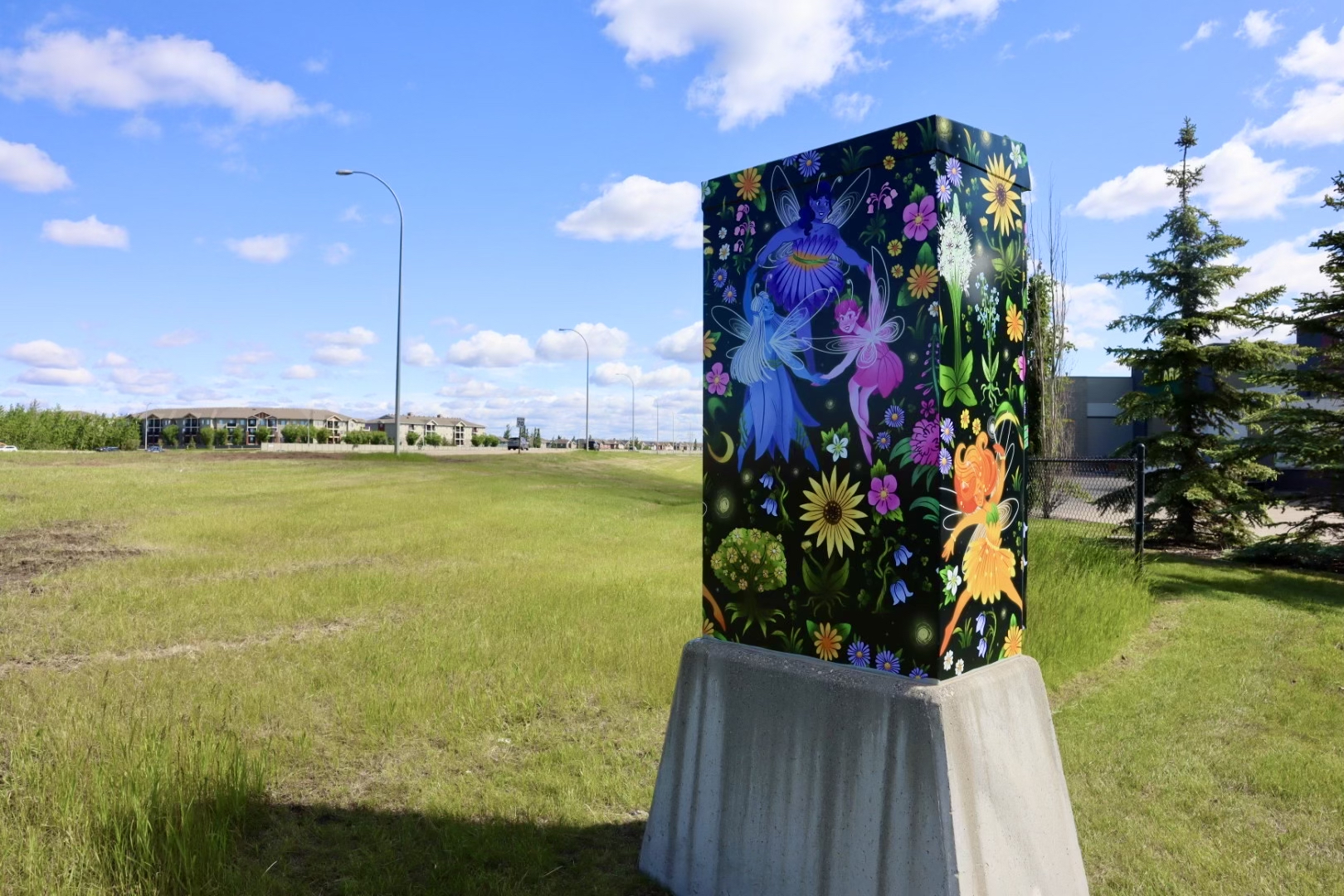 A traffic control box wrapped with images of neon fairies and flowers stands in a grassy field.