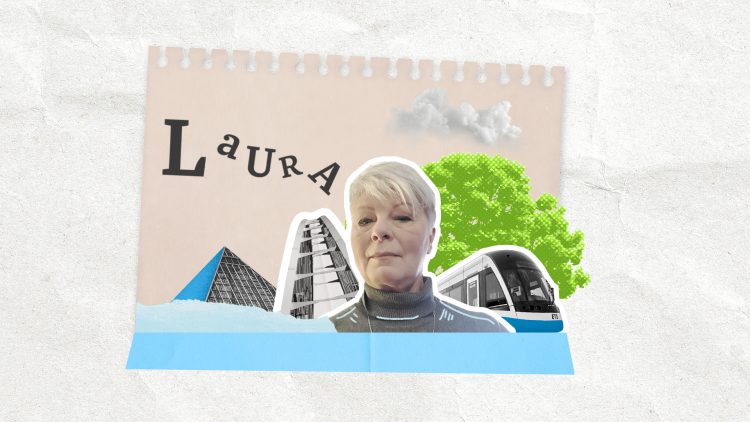 Woman with short hair and a grey turtleneck superimposed on a stylized graphic background with an illustrated pyramid, bridge, train and tree. Text says Laura.