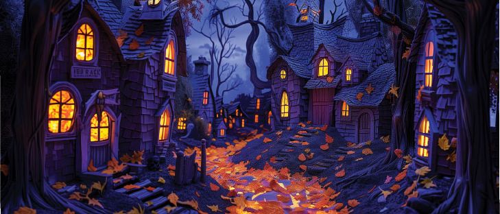 A realistic cartoon on creepy haunted houses on a winding street with orange leaves falling.