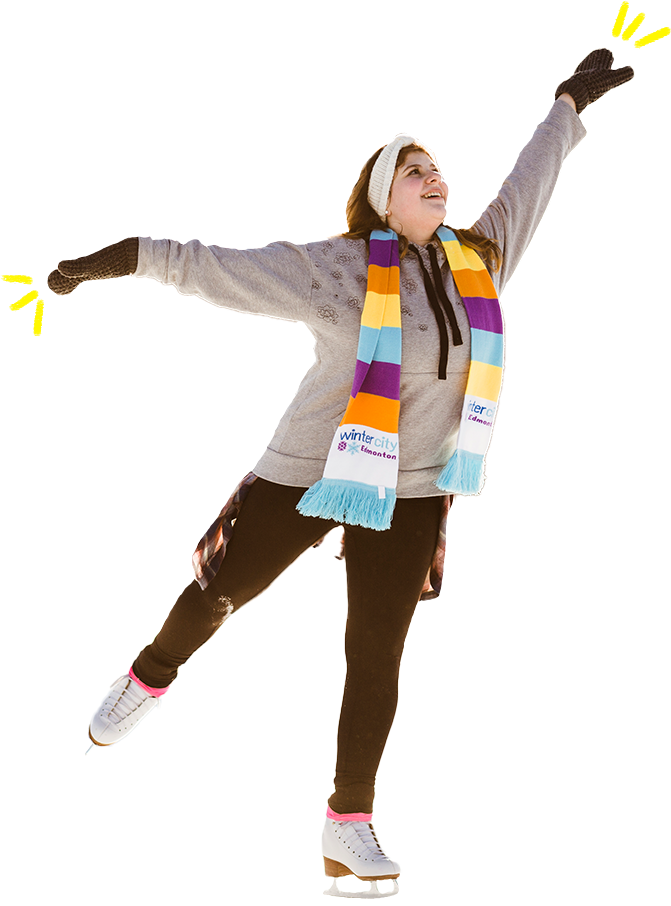 Cut out of a person skating doing a pose with their right leg pointed out and their hands pointed out. There are little yellow accents by their hands.