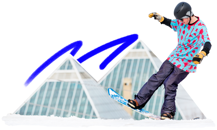 Cut out of a person snowboarding. The Muttart Conservatory Pyramids are behind and a blue squiggle accent.