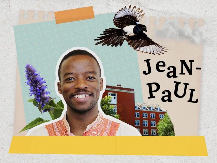 Jean-Paul Gasigwa and the University of Alberta’s Faculté Saint-Jean. Alt-text: A collage of photos, including a smiling man, a lilac, a magpie, a red brick building with windows and the words “Jean-Paul.”