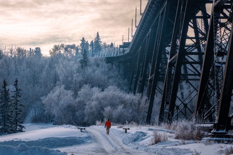 A person walking wearing a bright red jacket. The bottom of a bridge is on the right and there is snow on the ground and frost and snow on the trees.