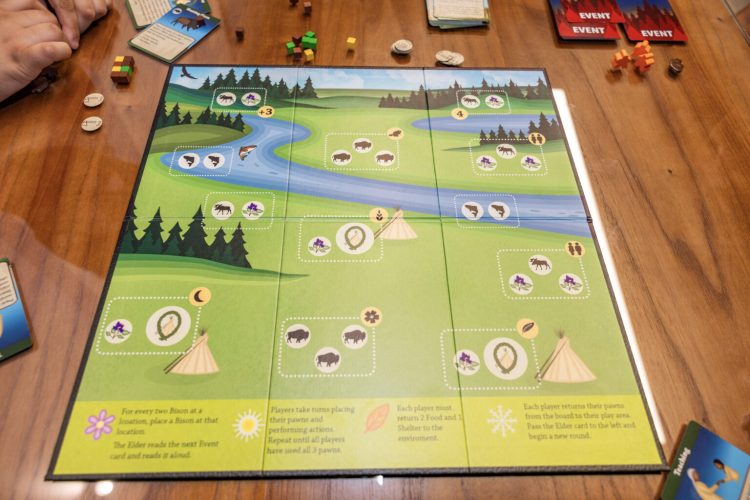 A board game showing a green field with a river, teepees and other spaces.