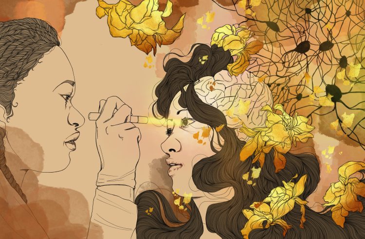 Illustrated art of a man shining a light in a woman’s eye in shades of browns and yellows.