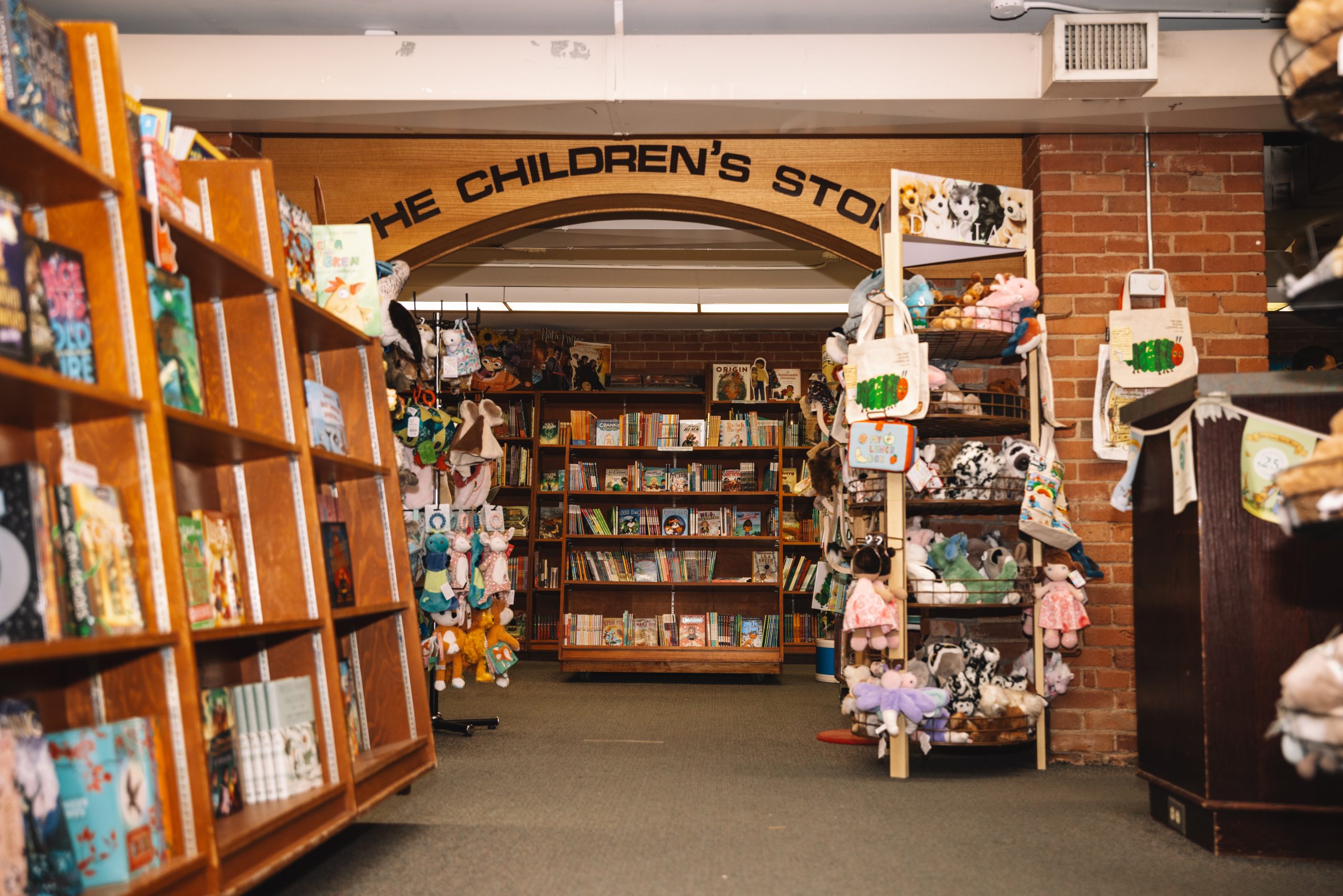 Shelves of children's books and racks of stuffed animals stand in a brick-lined basement.