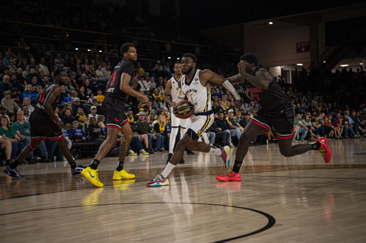Four basketball players from two teams race down the court in front of a crowd. CR_Stingers