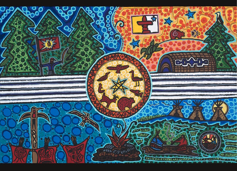 Colourful Indigenous art featuring camps, animals and landscapes. 
